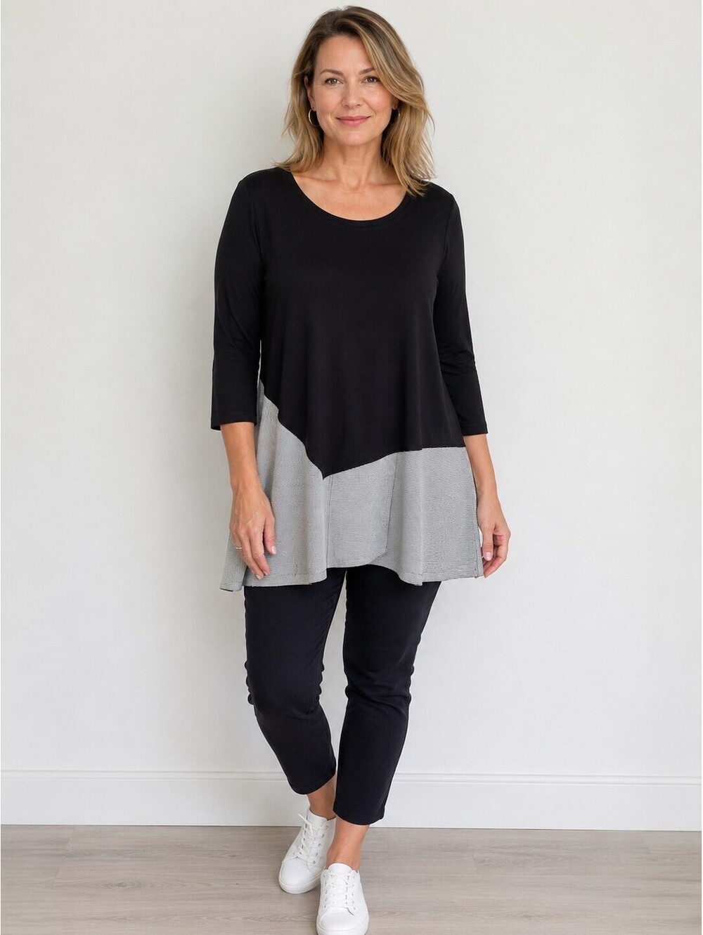 Attitudes by Renee Color Block Tunic Top Women's L Black Gray Asymmetrical